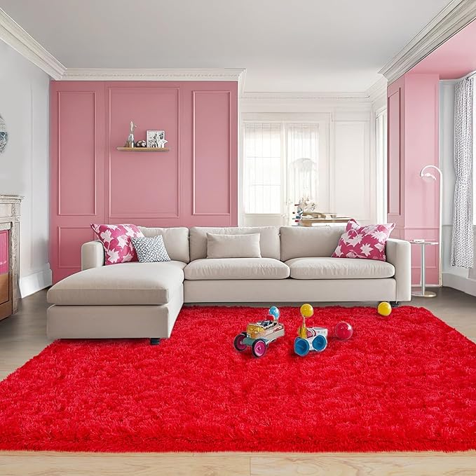 Pionblank Large Rug for Living Room 6x9 Feet, Modern Soft Shag Area Rug, Plush Fuzzy Carpet for Bedroom Girls Boys Room Home Nursery Teens Dorm Decor, Red