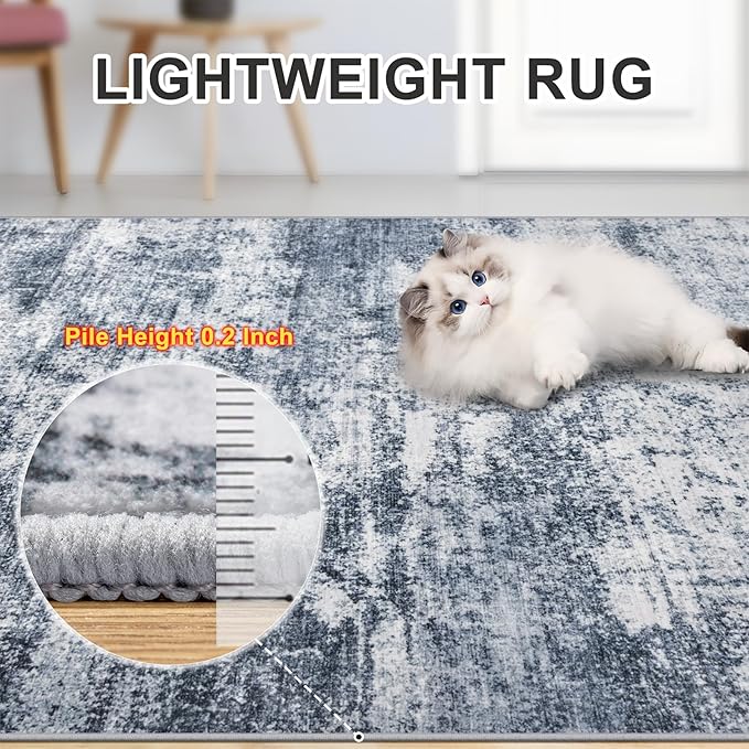Area Rugs 10x14 Living Room - Washable Rug Modern Abstract Soft Large Neutral Non-Slip Carpet Indoor Floor Thin Carpets for Bedroom Dining Room Farmhouse Nursery Home Office Grey Blue