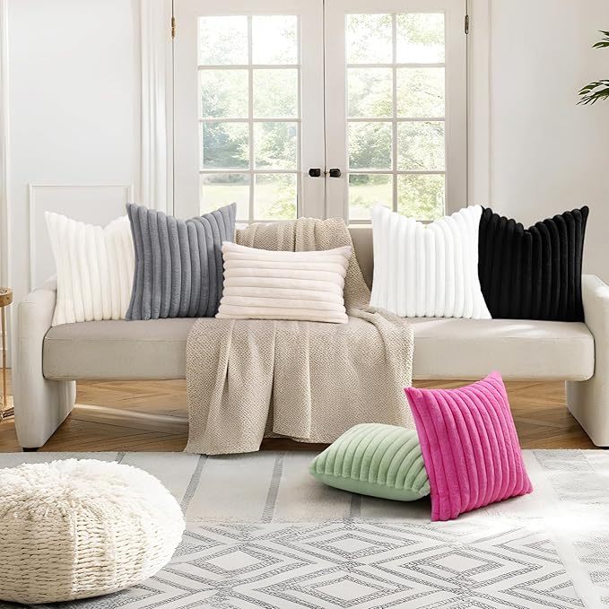 decorUhome Summer Cozy Faux Fur Throw Pillow Covers 16x16 Set of 2 Decorative Soft Plush Striped Modern Farmhouse Boho Couch Pillow Cases with Velvet Back for Sofa Bed Living Room, Hot Pink