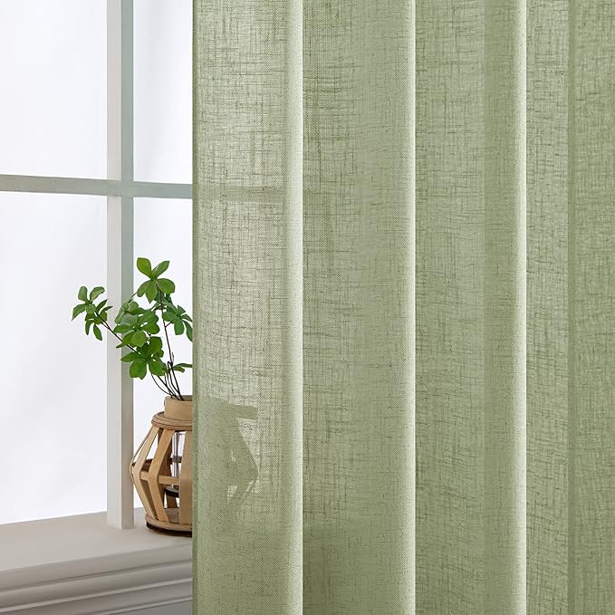 MIULEE Sage Green Linen Curtains 84 Inch Length for Bedroom Living Room, Soft Thick Linen Textured Window Drapes Semi Sheer Light Filtering Back Tab Rod Pocket Burlap Look, 2 Panels, 37x84 Inches