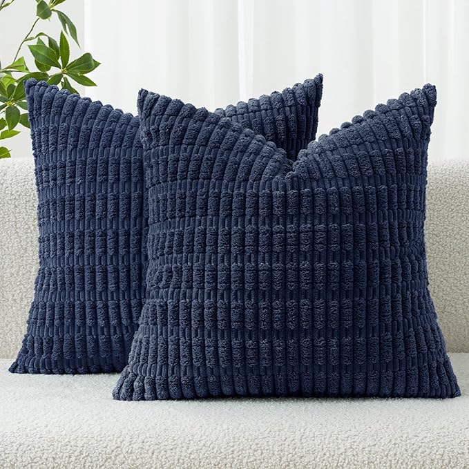 MIULEE Pack of 2 Corduroy Decorative Throw Pillow Covers 20x20 Inch Soft Boho Striped Pillow Covers Modern Farmhouse Home Decor for Summer Coastal Sofa Living Room Couch Bed Dark Blue