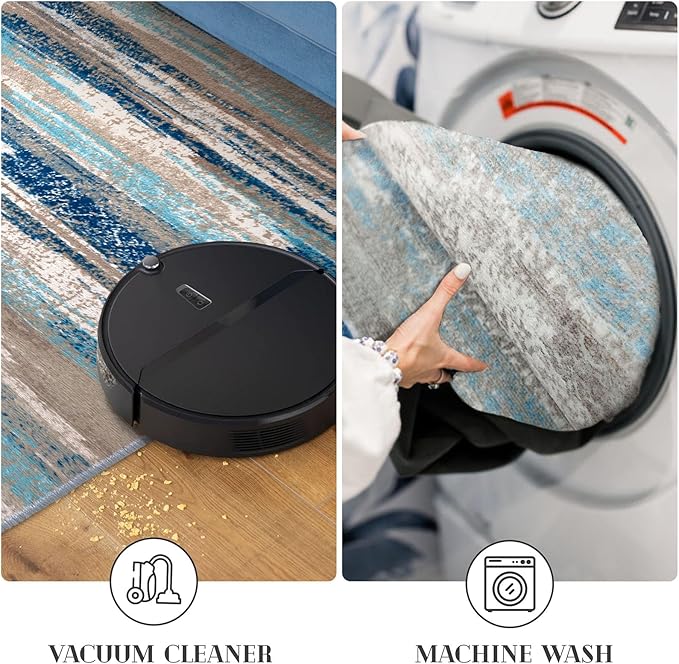Lansny Modern Abstract Runner Rug 2.6x8, Blue Washable Kitchen Runner Non-Slip Soft Hallway Rug Runner Thin Print Faux Wool Carpet for Entryway Bedroom Laundry Room Indoor Home Decor
