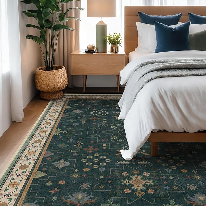 Hazo Haus Dark Green Oushak Living Room Rug 10x12 - Modern Vintage Boho Eclectic Floral Pastel, Washable Low Pile Non-Slip Extra Large Area Rugs for Dining Under Table Bedroom Lounge