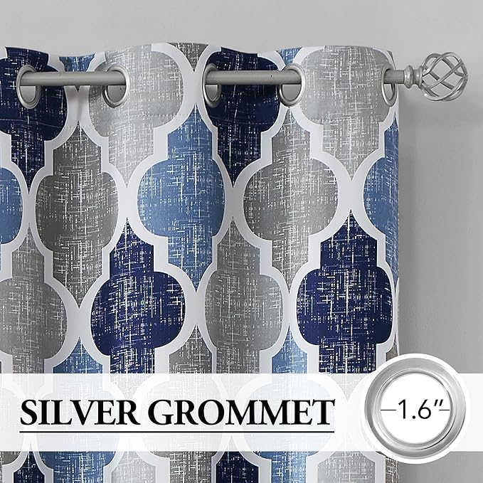 Beauoop 100% Blackout Curtains 63 Inches Long 2 Panels for Bedroom Living Room Blue Grey Moroccan Geo Room Darkening Thermal Insulated Soundproof Grommet Top Window Treatments Drapes, 50x63 Set of 2