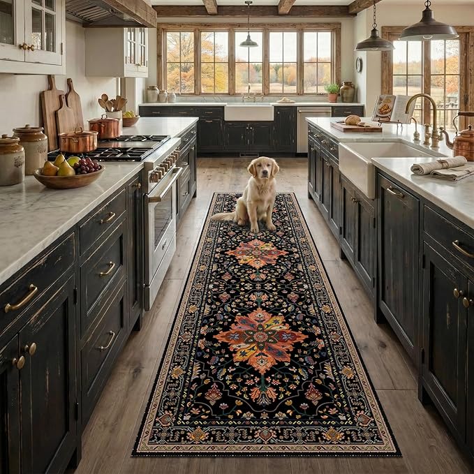 Area Rugs 3'x10' Runner Rug Non Slip Washable for Kitchen Hallway Bedroom Beside Laundry Room Bathroom Rug, Floor Carpet, Black Colorful Floral Dark Tan