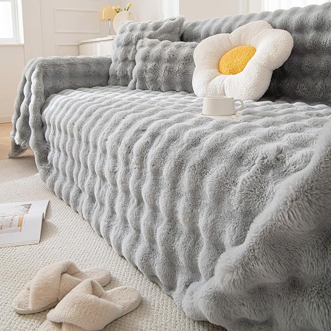 HANDONTIME Grey Plush Sofa Covers Washable Rabbit Plush Couch Cover Soft Cozy Faux Fur Couch Protector for Dogs Fluffy Plush L Shaped Sofa Cover Pet Friendly Couch Protector Furniture, 71" X134"