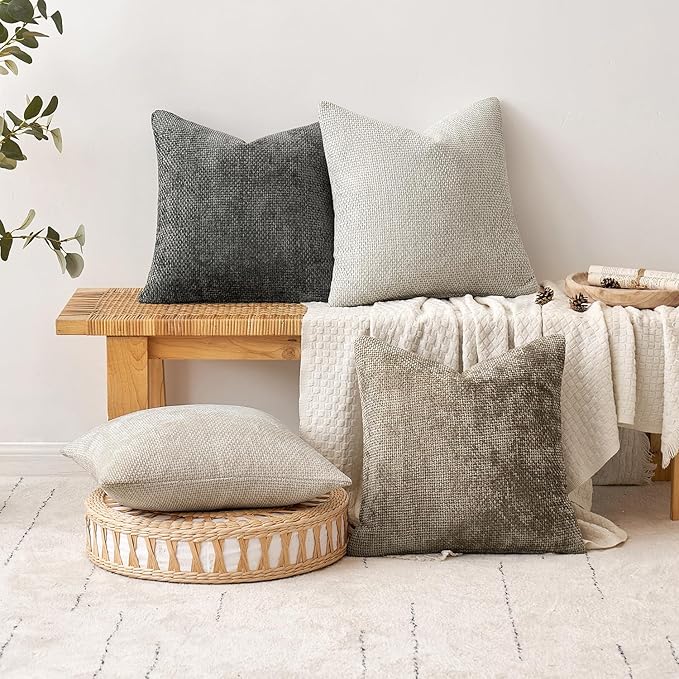 MIULEE Pack of 2 Couch Throw Pillow Covers 18x18 Inch Grey-White Modern Boho Accent Decorative Pillow Covers Soft Chenille Farmhouse Cushion Covers for Home Decor Bed Sofa Living Room