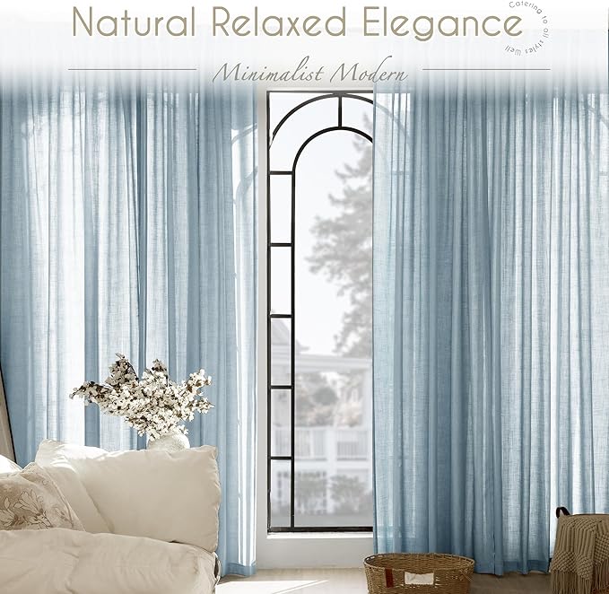 Dusty Blue Linen Curtains for Living Room Back Tab Light Filtering Semi Sheer Light Blue Bedroom Curtains Linen Cotton Textured Grey Blue Drapery Panel Airy Modern Farmhouse Aesthetic Decor 52x90 Long
