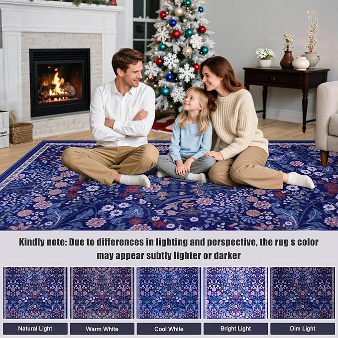 Area Rug Living Room Rugs: Floral 4x6 Washable Rug Vintage Soft Boho Non-Slip Carpet Indoor Floor Stain Resistant Large Carpets for Bedroom Dining Room Farmhouse Nursery Hallway Home Office Blue