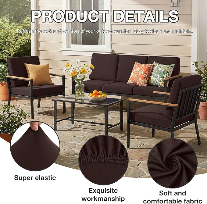 hyha 14Pcs Patio Cushion Covers, Stretch Outdoor Couch Cushion Covers Replacement, Washable Outdoor Chair/Sofa Slipcovers for Patio Furniture Cushions Protector with Elastic Bottom(Coffee,Cover Only)