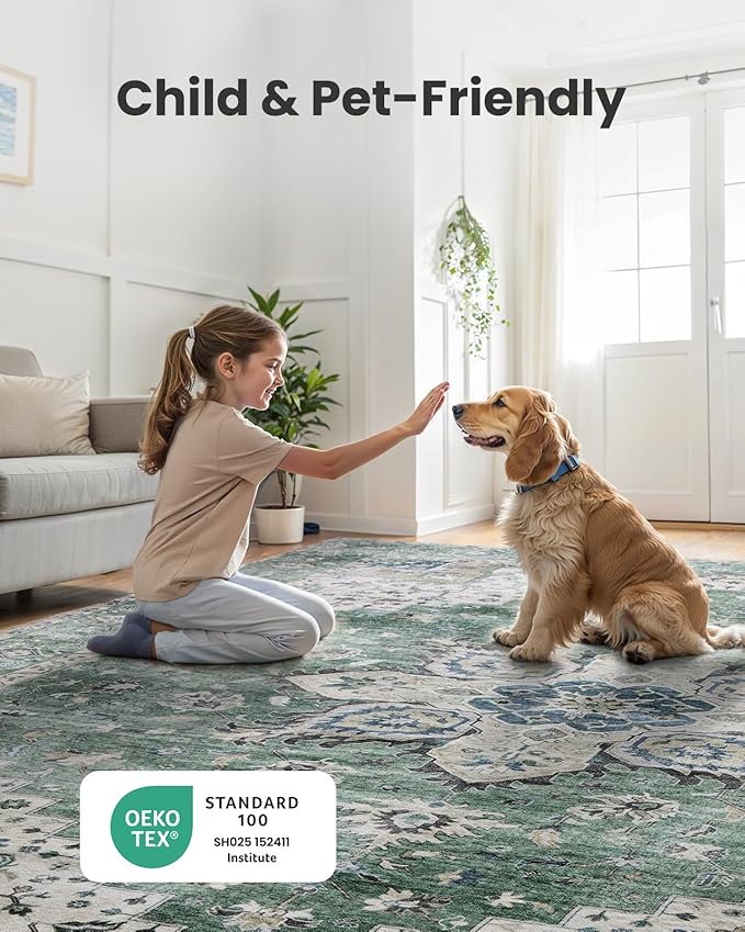 AMADA HOMEFURNISHING 10x14 Washable Area Rug, Low-Profile Large Area Rug with Non-Slip Backing & Durable Edge Binding, Vintage Large Rugs for Living Room, Bedroom & Dining Room