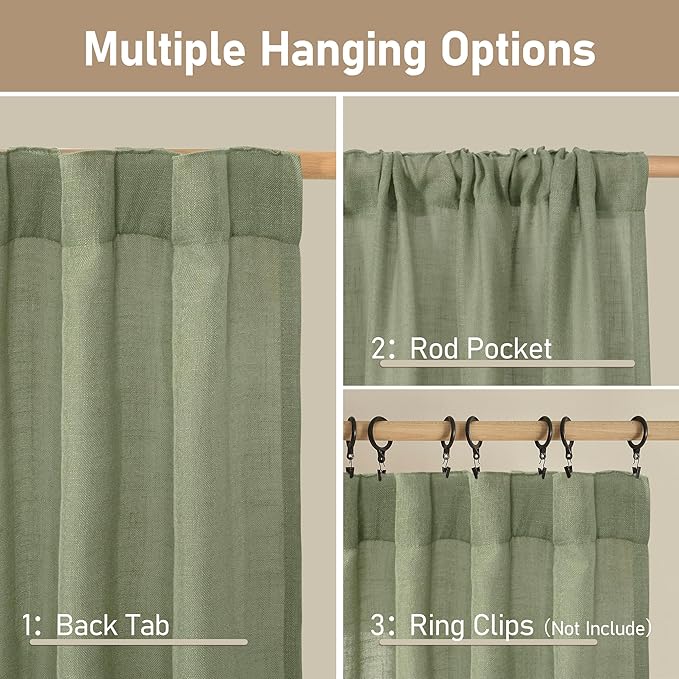 LAMIT Semi Sheer Linen Curtains 36 Inch Length for Cafe, Light Filtering Panels Back Tab and Rod Pocket Neutral Drapes for Bathroom/Kitchen/Loft Room, 25 x 36 Inch, 2 Panels