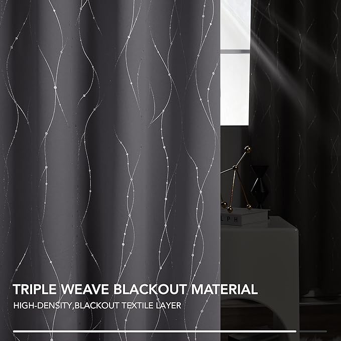 Deconovo Grey Blackout Curtains for Bedroom, Thermal Insulated Soundproof Drapes, Wave Dots Foil Print, 52 x63 Inches Long, 2 Panels, Machine‑Washable Privacy Window Panel for Living Room Apartment