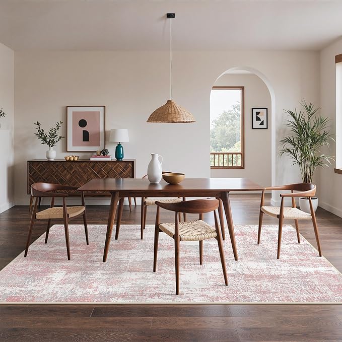BEIMO Area Rugs 6x9 for Living Room Bedroom, Modern Abstract Machine Washable Rug, Large Soft Low Pile Floor Carpet with Non Slip Backing for Dining Room, Pink/Grey