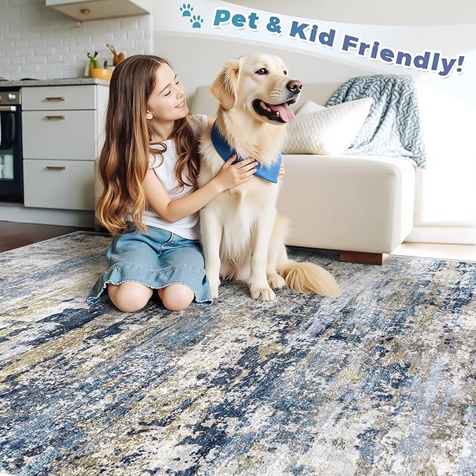 pmtsns Area Rugs 9x12 for Living Room: Washable Rug Modern Abstract Neutral Soft Non-Slip Low-Pile Indoor Large Carpet for Bedroom Dining Room Playroom Home Office (Blue Grey Brown, 9'x12')