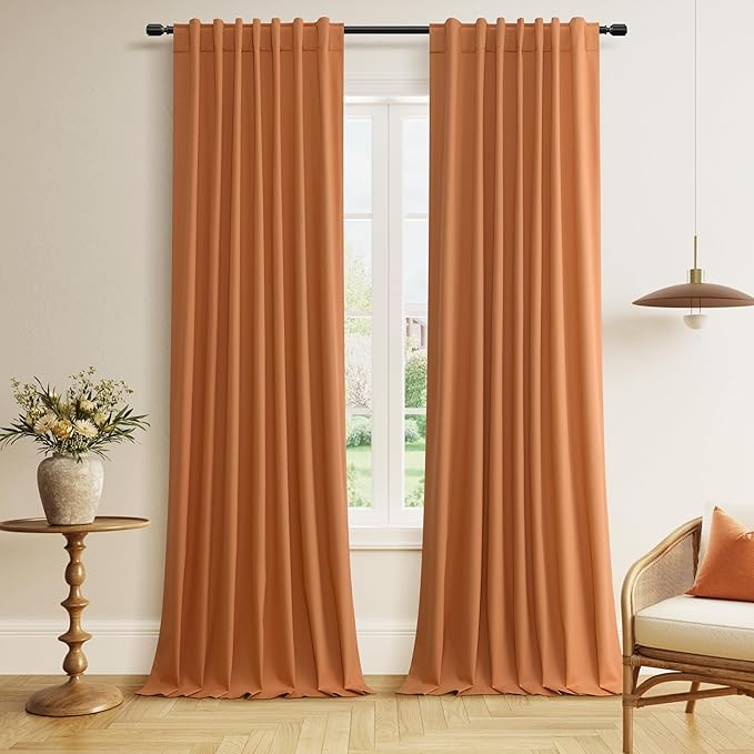 Guken Orange 100% Blackout Linen Curtains 102 Inch Length 2 Panels Set for Living Room Bedroom Back Tab Thermal Insulated 100% Black Out Drapes Room Darkening Farmhouse Window Curtains, 52x102