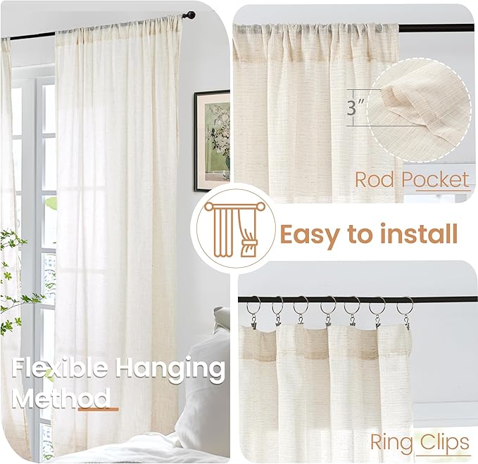BGment Cafe Linen Curtains 30 Inch Length for Small Window, Beige Half Window Drapes Semi Sheer Lightweight with Rod Pocket for Bathroom Kitchen Over Sink, 2 Panels Set, 24 Inch Wide Each Panel