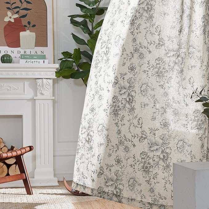 jinchan Linen Blend Curtain Floral Curtains for Living Room 108 Inch Length Grey Printed Curtain Rod Pocket Back Tab Farmhouse Peony Flower Patterned Drapes Bedroom Window Curtains Set 2 Panels