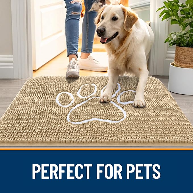 OLANLY Dog Door Mat for Muddy Paws 47x17, Paw Print Design, Absorbs Moisture and Dirt, Absorbent Non-Slip Washable Doormat, Quick Dry Chenille Mud Mat for Dogs, Entry Indoor Entryway Carpet, Beige