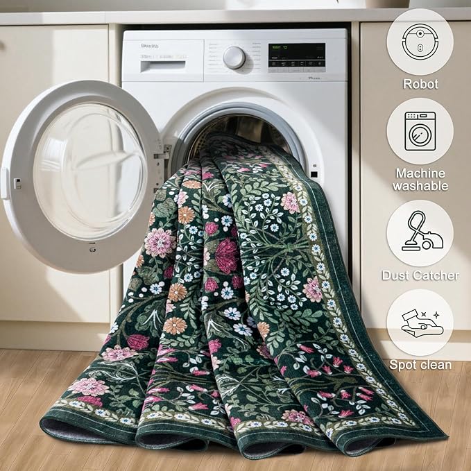 Round Area Rug for Living Room: 6 ft Floral Washable Circle Rug Soft Boho Non-Slip Carpet Indoor Stain Resistant Low Pile Small Circular Rug for Bedroom Entryway Kitchen Nursery Home Office Dark Green