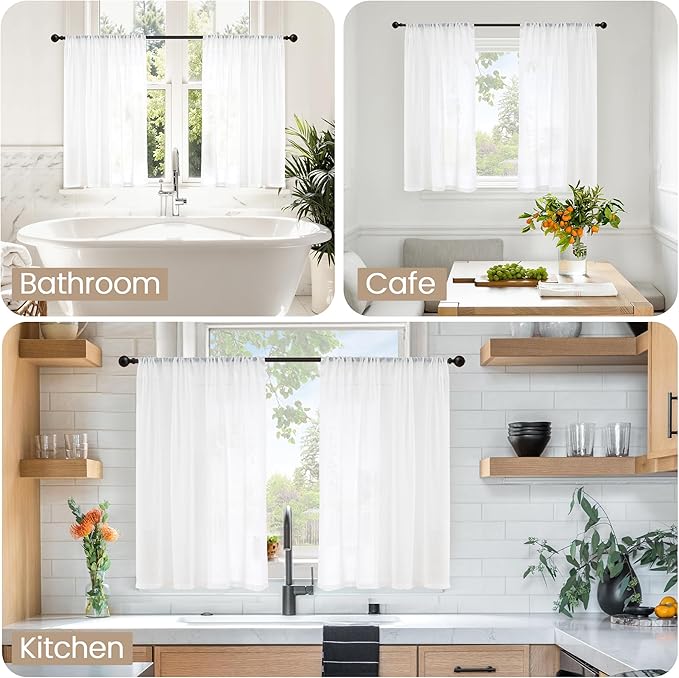BGment Short White Curtains 40 Inch Length for Small Window - Linen Semi Sheer Drapes with Rod Pocket Light Filtering for Cafe Bedroom Kitchen Lightweight Rustic, 2 Panels Set, 30 X 40 Inch