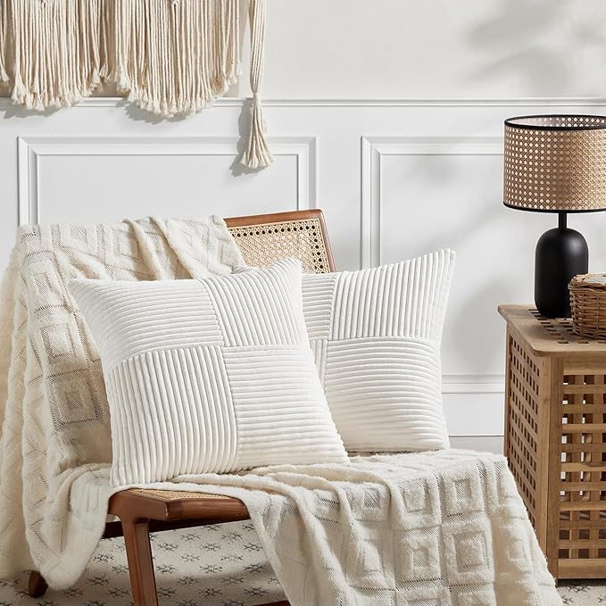 Fancy Homi 2 Packs Cream White Euro Decorative Throw Pillow Covers 28x28 Inch for Couch Bed Sofa, Farmhouse Boho Home Decor, Soft Corss Corduroy Patchwork Textured Square Cushion Case 71x71 cm