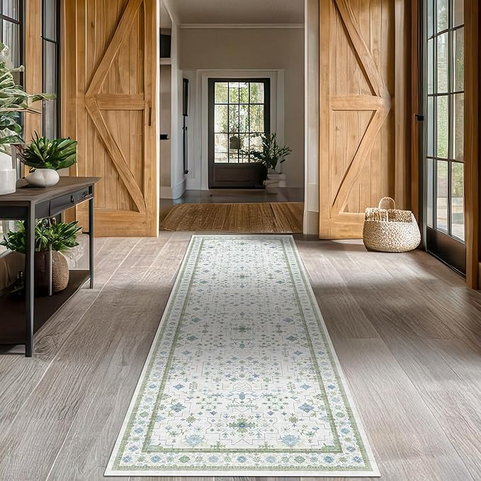Hazo Haus Oushak 3x12 Wide Hallway Runner Rug - Vintage Turkish Floral, Washable Low Pile Non Slip 12ft Long Runners for Large Kitchen, Hall Way - Light Blue and Green