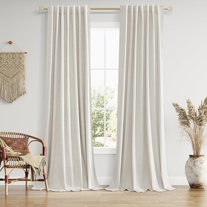 Guken 100% Blackout Boho 96 Inches Long Natural Linen Curtains Floor to Ceiling Drapes for Living Room Winter Thermal Insulated Room Darkening Black Out Sliding Barn Door Curtain, 52x96