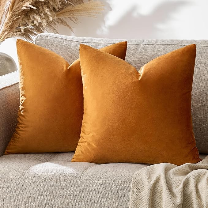 GIGIZAZA Decorative Throw Pillow Covers 16x16,Set of 2 Burnt Orange Square Couch Pillow Covers,Velvet Sofa Boho Cushion Pillows