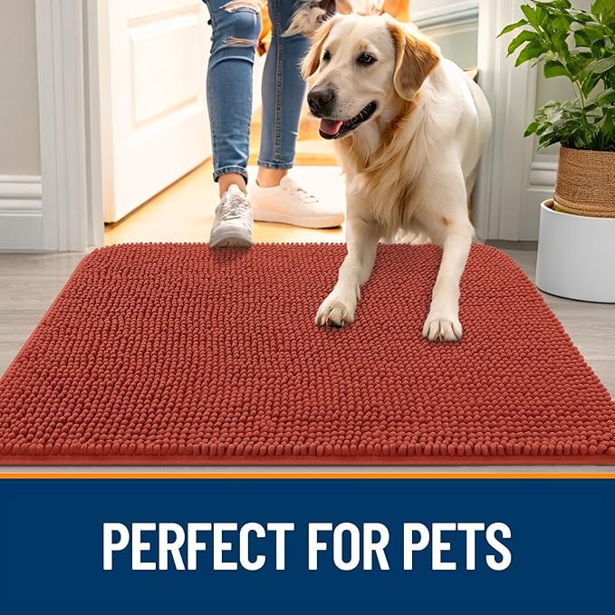 OLANLY Dog Door Mat for Muddy Paws 34x21, Absorbs Moisture and Dirt, Absorbent Non-Slip Washable Doormat, Quick Dry Chenille Mud Mat for Dogs, Entry Indoor Entryway Carpet for Inside Floor, Maple Red