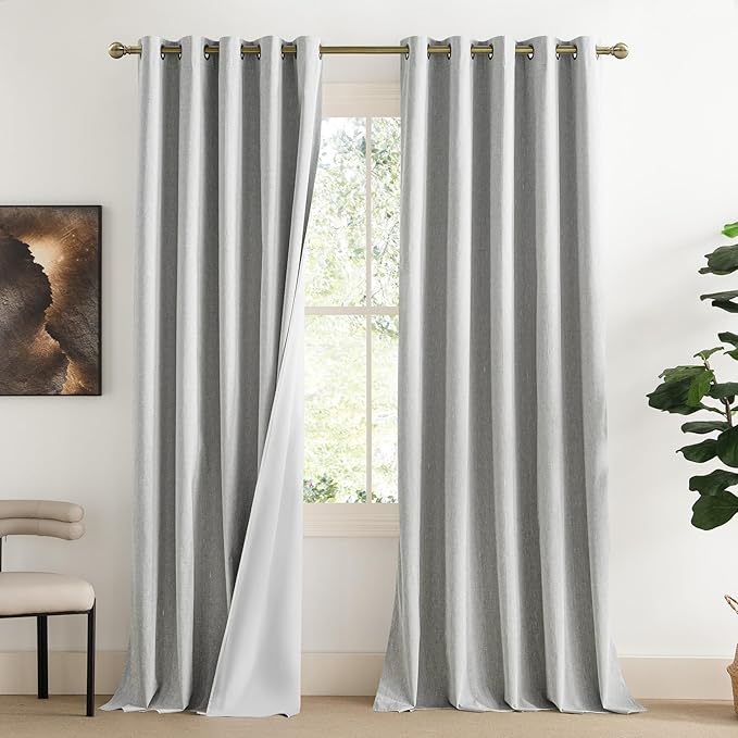 NICETOWN Grey Long Linen Full Shade Panels, 62" Wide x 108" Long, Pair of Thermal Insulated & Energy Efficiency Blackout Curtains for Living Room Windows, Lined Silky Performance Window Dressing