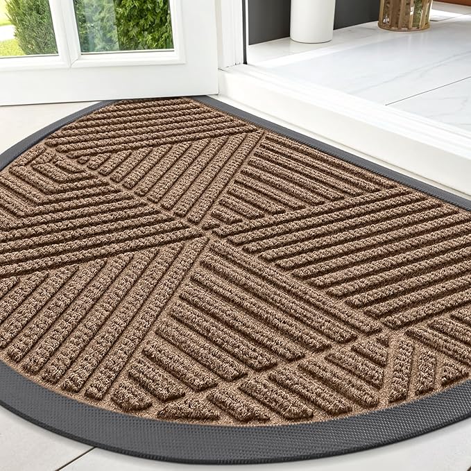 Smiry Half Circle Front Door Mat Outside Entrance, Heavy Duty Sturdy Natural Rubber Doormat, Trap Dirt and Moisture, Low Profile Mats for Indoor Outdoor Entry, Irregular Triangle (47x32, Brown)