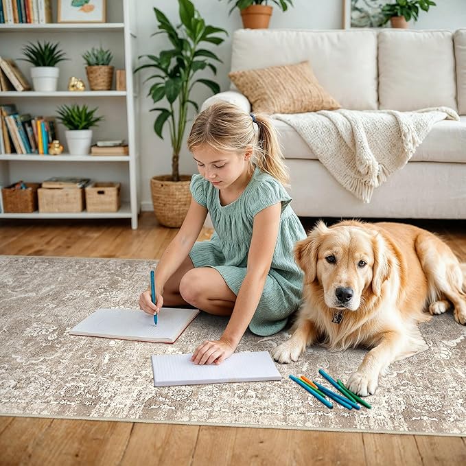 2'6"x16' Washable Hallway Runner Rug - Non Slip Kitchen Runner Rugs with Rubber Backing Vintage Low-Pile Carpet Runners for Entryway Dining Room Laundry Room Home Decor (Beige)