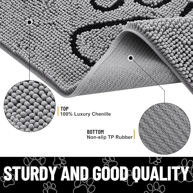 Smiry Dog Door Mat for Muddy Paws, Absorbent Dirt Trapper Non Slip Quick Dry Washable Chenille Mat for Mud Dogs, Entry Rug for Indoor and Outdoor (48x30 Inches, Grey and Black)