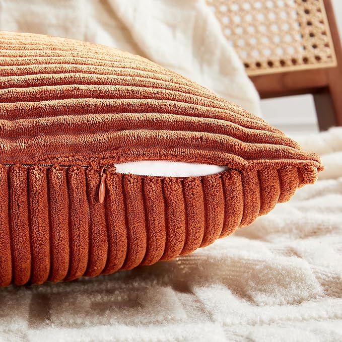Fancy Homi Set of 2 Burnt Orange Long Lumbar Decorative Throw Pillow Covers 16x24 Inch for Living Room Couch Bed, Boho Farmhouse Fall Home Decor, Soft Corduroy Corss Textured Cushion Case 40x60 cm