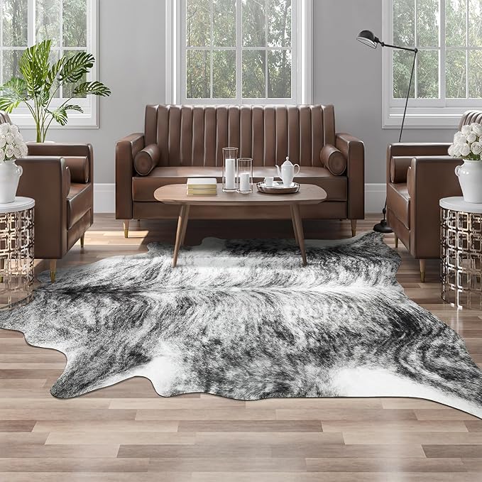 AROGAN Western Decor Faux Fur Cowhide Rug, 6 x 7 Feet Premium Animal Skin Cow Hide Rug, Sturdy Cow Print Rugs for Wall Decor, Western Floor Carpet for Bedroom Living Room, Black and Grey