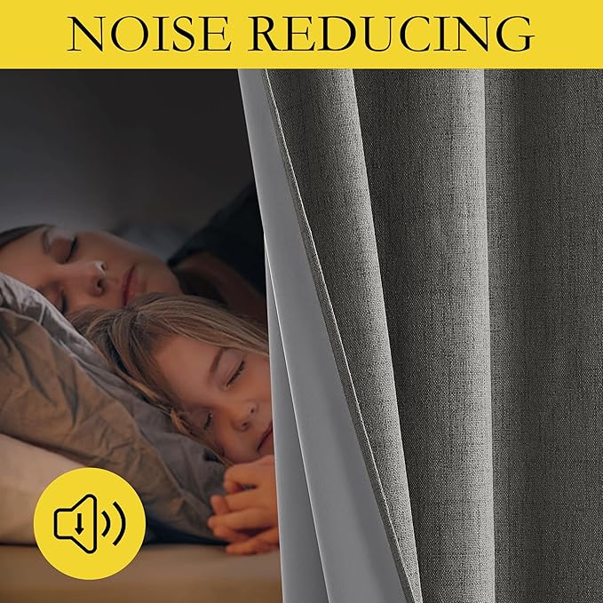 NICETOWN Grizzle Gray Vintage Linen 100% Blackout Curtains for Classroom, Thermal Insulated Curtains 72" Long, Noise Reducing Window Treatment Drapes for Gym Room, 42" Wide Per Panel, Set of 2