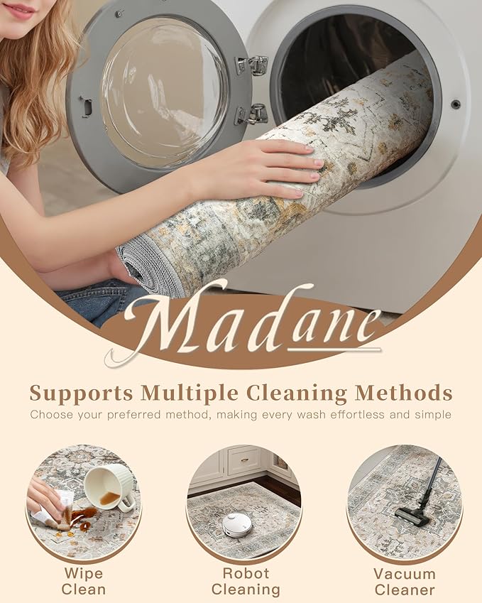 Madane Runner Rug 2x8, Washable Hallway Runner Rugs, Non-Slip Low-Pile Soft Kitchen Rug Runner Laundry Room Rug, Vintage Throw Entry Foyer Mat for Entrance Living Room (Light Taupe Brown, 2 x 8)