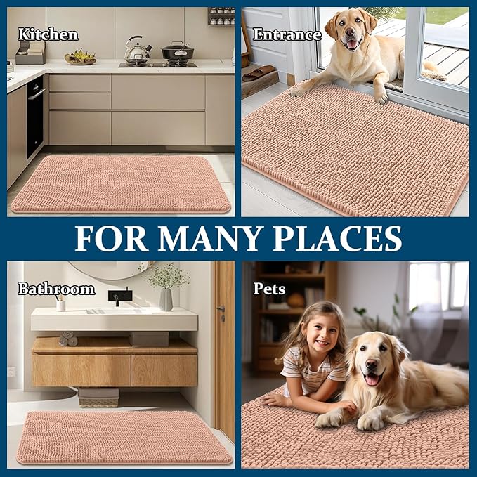 OLANLY Dog Door Mat for Muddy Paws 70x35, Absorbs Moisture and Dirt, Absorbent Non-Slip Washable Doormat, Quick Dry Chenille Mud Mat for Dogs, Entry Indoor Entryway Carpet for Inside Floor, Peach