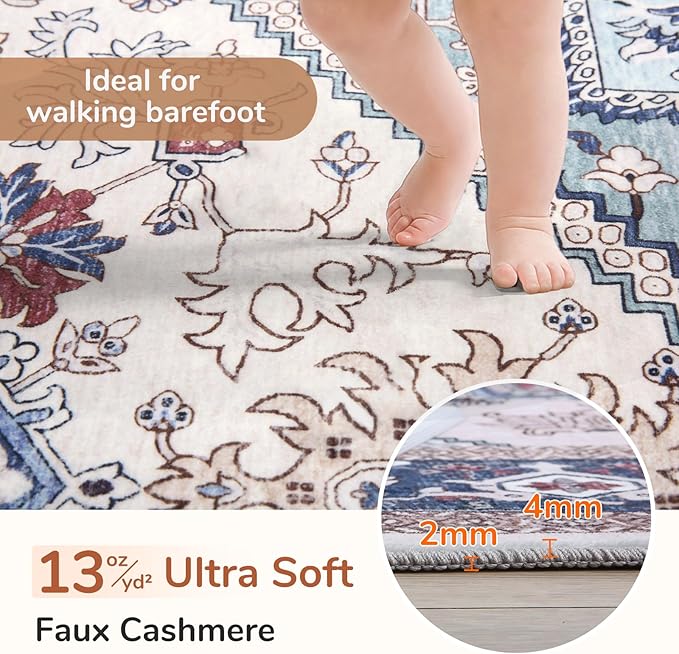 OPPODREAM Soft Area Rugs 3x5, Washable Rugs with Non Slip Backing, Low-Pile Throw 3x5 Carpet, Faux Cashmere 3 x 5 Carpet, Navy Blue & Red & Cream