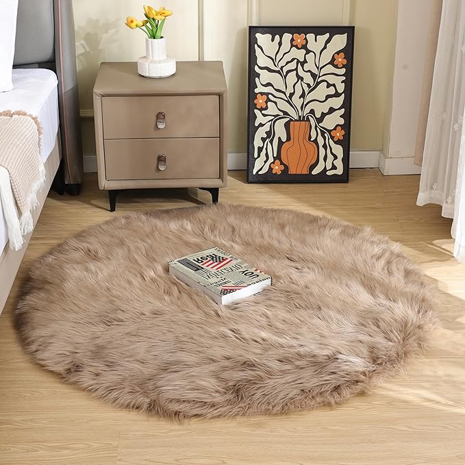 ORINOVA Beige Round Cozy 4ft Shag Rug Washable Furry Soft Area Rug for Living Room Bedroom Cute Nursery Decor Circle Carpet Faux Fur Fluffy Home Décor