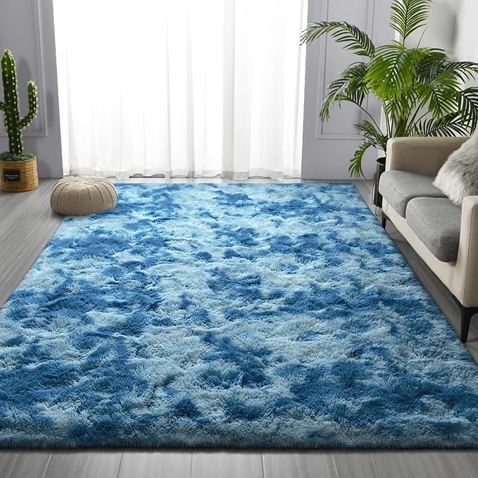 Large Shag Area Rugs 5 x 8, Tie-Dyed Plush Fuzzy Rugs for Living Room, Ultra Soft Fluffy Furry Rug for Bedroom, Indoor Carpet Nursery Rugs for Kids Room Home Decor, Bright Blue