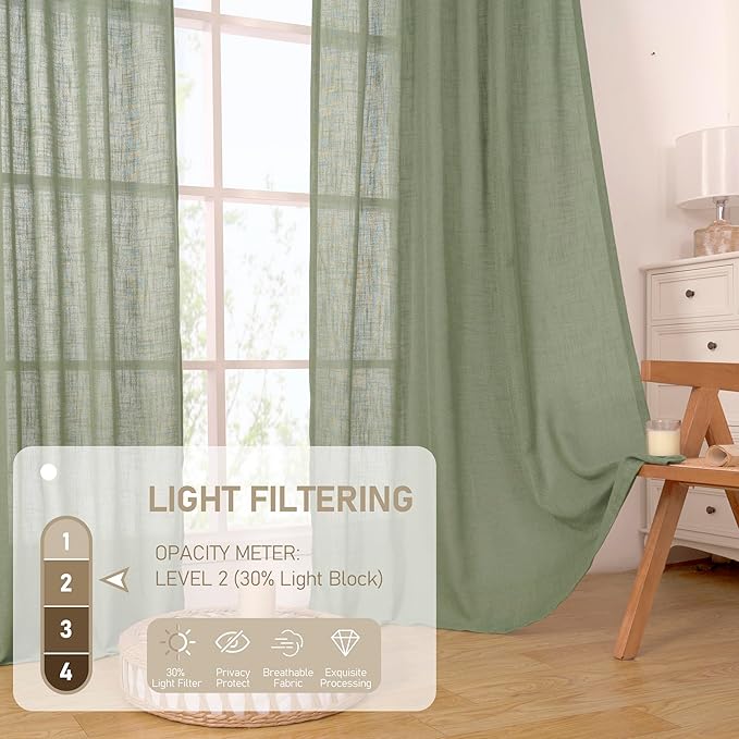 LAMIT Extra Wide Linen Curtains for Bedroom, Sage Green Light Filtering Faux Linen Textured Panels Semi Sheer Back Tab and Rod Pocket Boho Drapes for Living Room, 2 Panels, 60 x 84 Inch