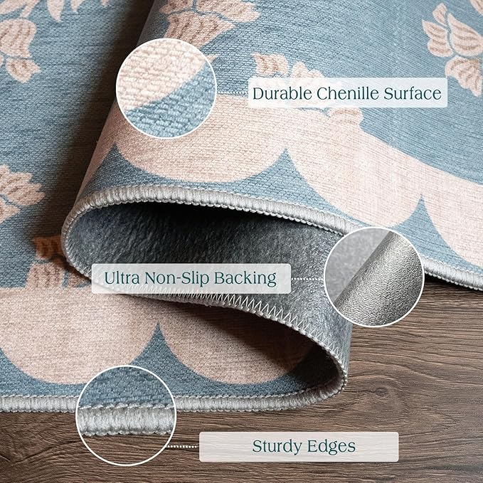 3x5 Floral Entry Rug - Small Washable Indoor Outdoor Mats for Front Door Non-Slip Porch Rug Blue Boho Farmhouse Scalloped Throw Rugs for Living Room Bedroom Entryway Kitchen Office Porch Decor