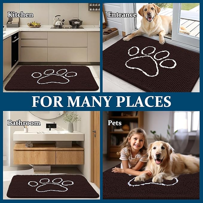 OLANLY Dog Door Mat for Muddy Paws 32x20, Paw Print Design, Absorbs Moisture and Dirt, Absorbent Non-Slip Washable Doormat, Quick Dry Chenille Mud Mat for Dogs, Entry Indoor Entryway Carpet, Brown