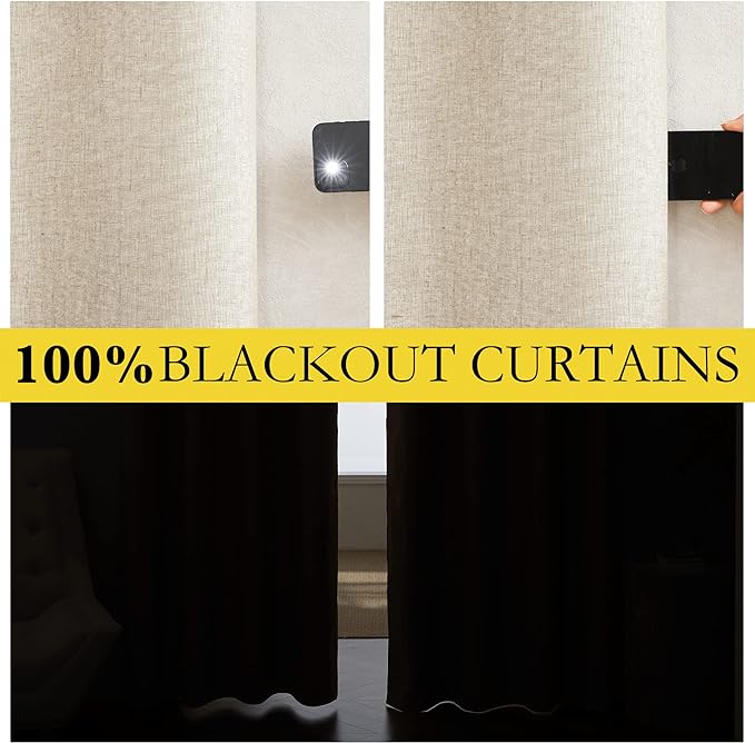 NICETOWN 100% Absolutely Blackout Linen Curtains with Thermal Insulated White Liner, Beige, W62, 2 Pieces, Noise Reducing Textured Linen Look Curtains for Windows 120 inch Length for Classroom
