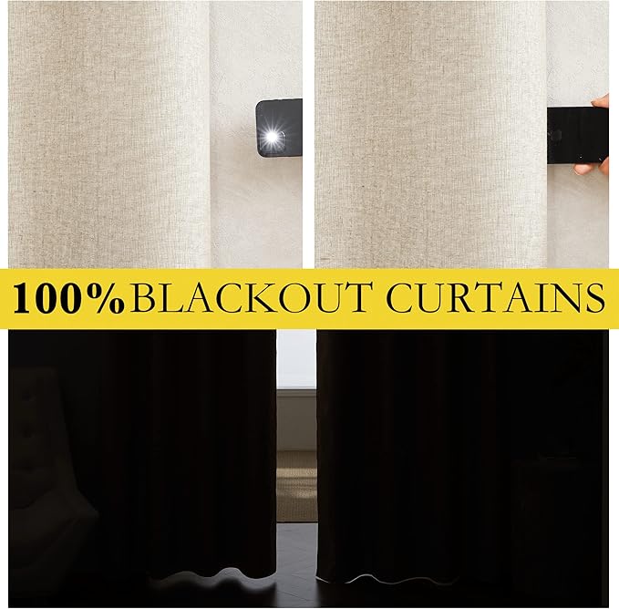 NICETOWN 100% Absolutely Blackout Linen Curtains with Thermal Insulated White Liner, Beige, 52" Wide by 45" Long, 2 Pieces, Anti-Rust Grommet Natural Burlap Fabric Window Drapes for Bedroom/Kids Room