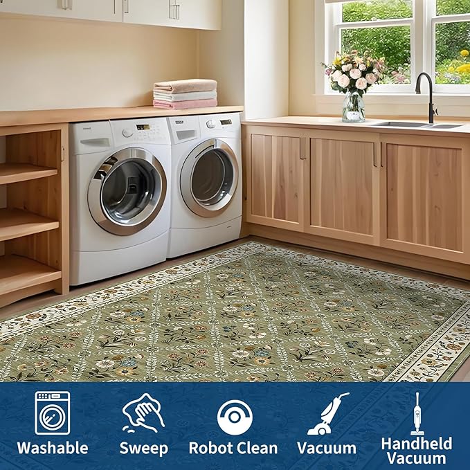 6x9 Machine Washable Area Rugs for Living Room Floral Stain Resistant Soft Carpet Vintage Low Pile Non Slip Non-Shedding Floor Carpet Rugs for Bedroom Nursery Green