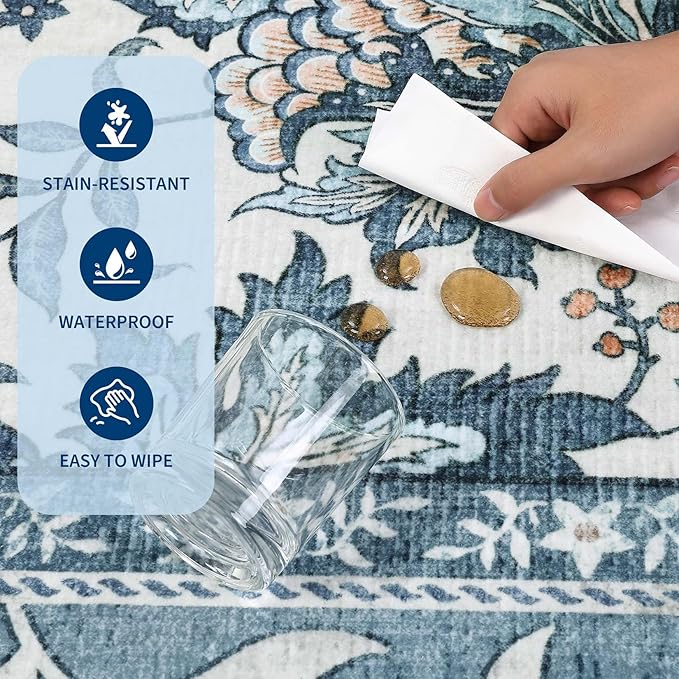 GarveeHome Provence Misty Blue 2x6 Washable Kitchen Runner Rugs Non Slip Vintage Boho Cottage Long Rug for Hallways Bedroom Entryway Bathroom Mat with Rubber Back