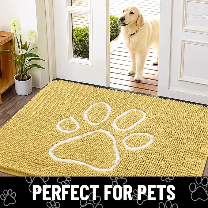 Smiry Dog Door Mat for Muddy Paws, Absorbent Dirt Trapper Non Slip Quick Dry Washable Chenille Mat for Mud Dogs, Entry Rug for Indoor and Outdoor (48x30 Inches, Yellow and White)